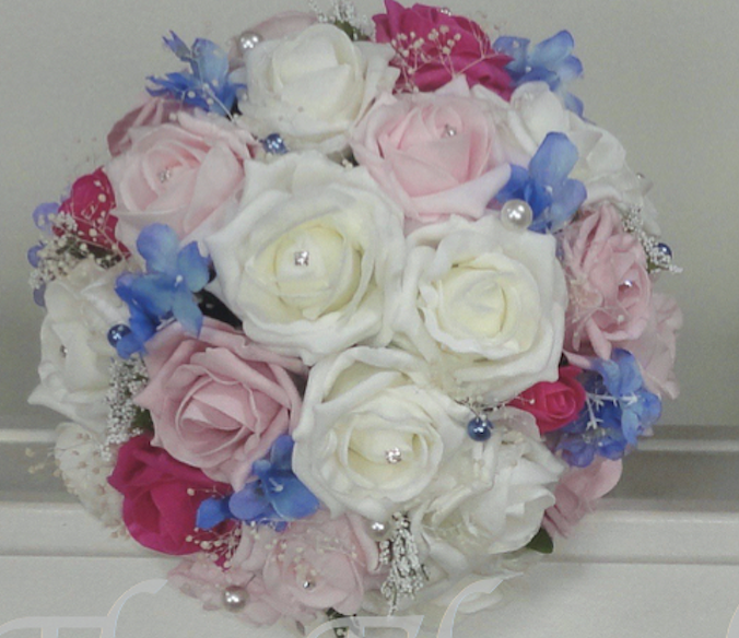 pink and ivory wedding flowers,pink and blue wedding flowers